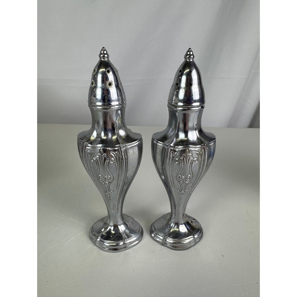 Vintage Ornate Silver‎ Tone Salt and Pepper Shakers Tall Pedestal Scrollwork Set